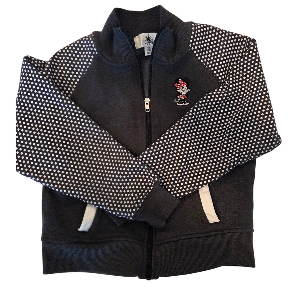 Disney‎ Parks Minnie Mouse Zip Hoodie Jacket Charcoal Gray Polka Dot Sleeves XS